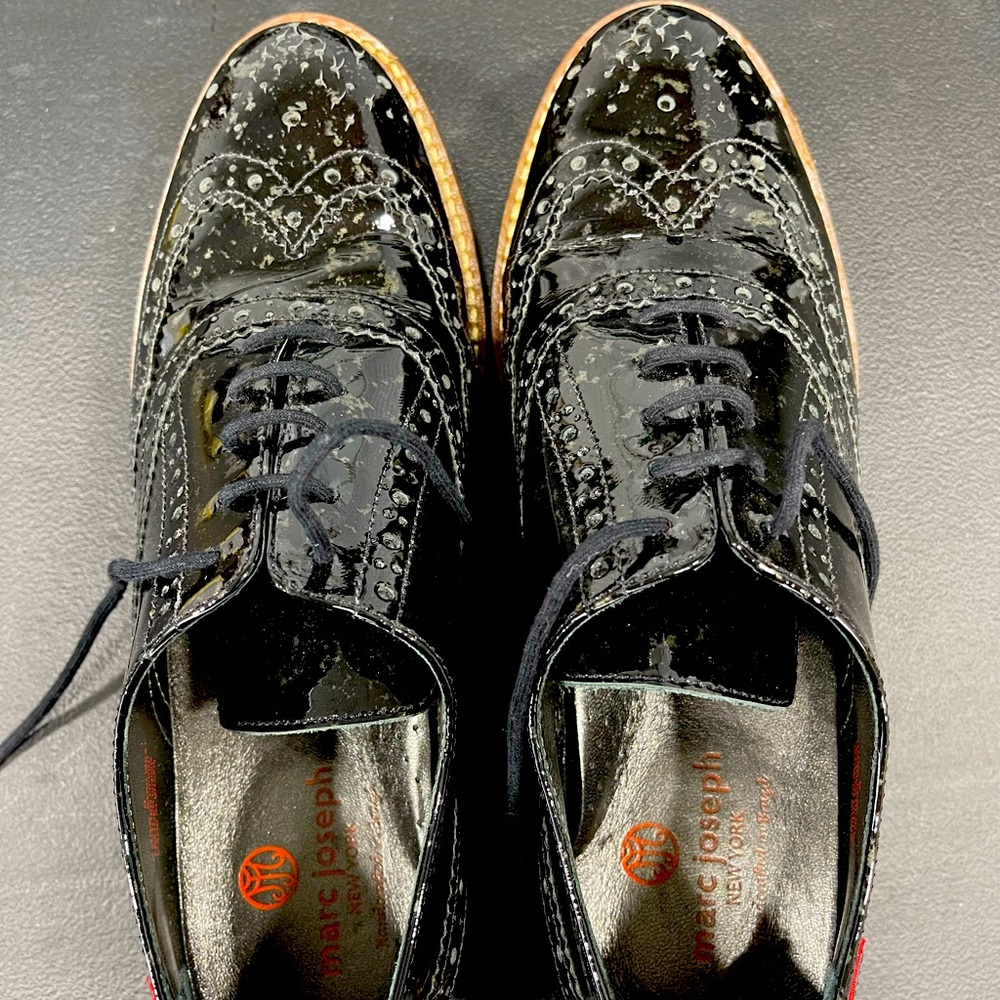MARC JOSEPH NEW YORK, BLACK PATENT LEATHER, DISTRESSED, LACE UP, SIZE 8